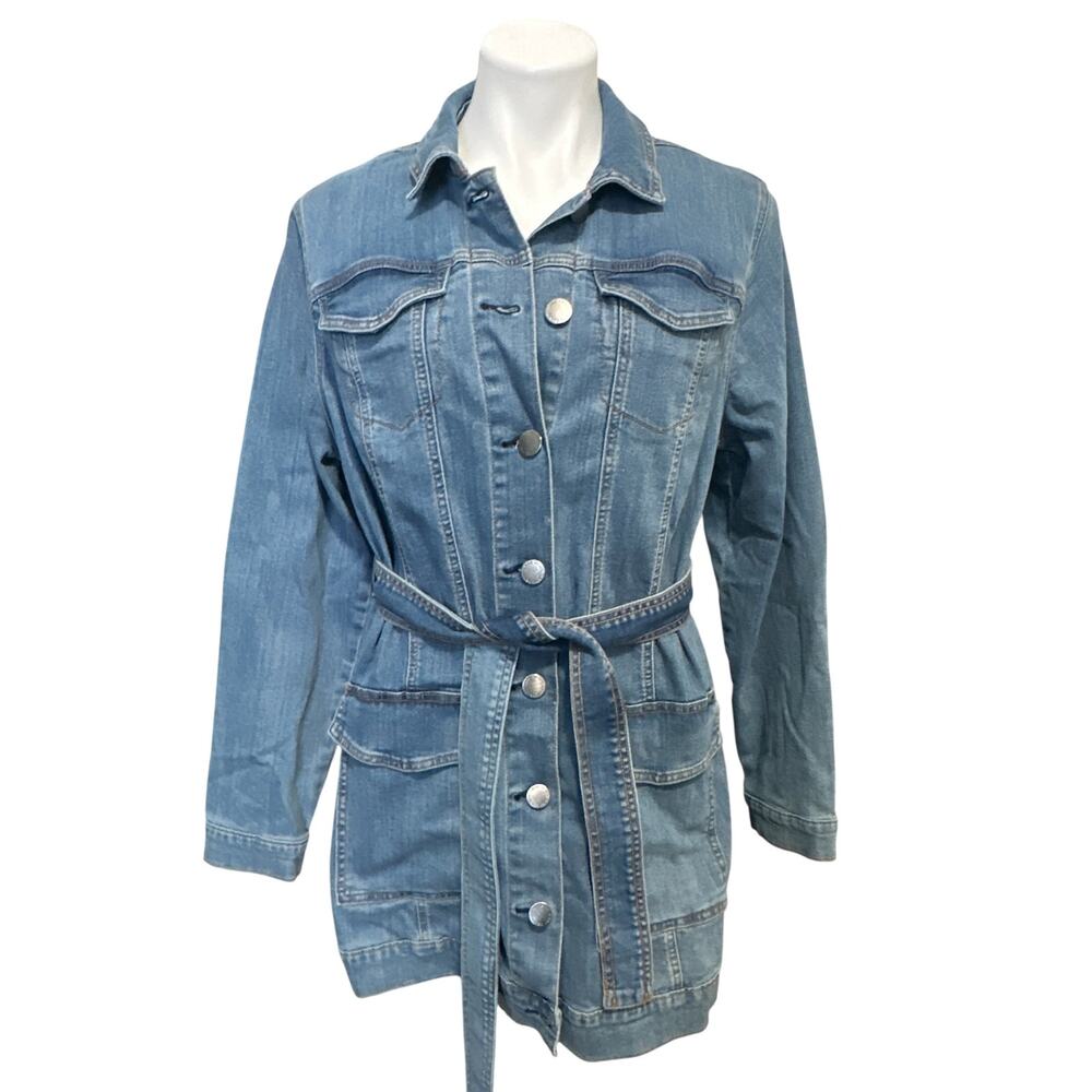 Lane Bryant Belted Denim Jacket Women 16 Blue Longline Utility Stretch Pockets